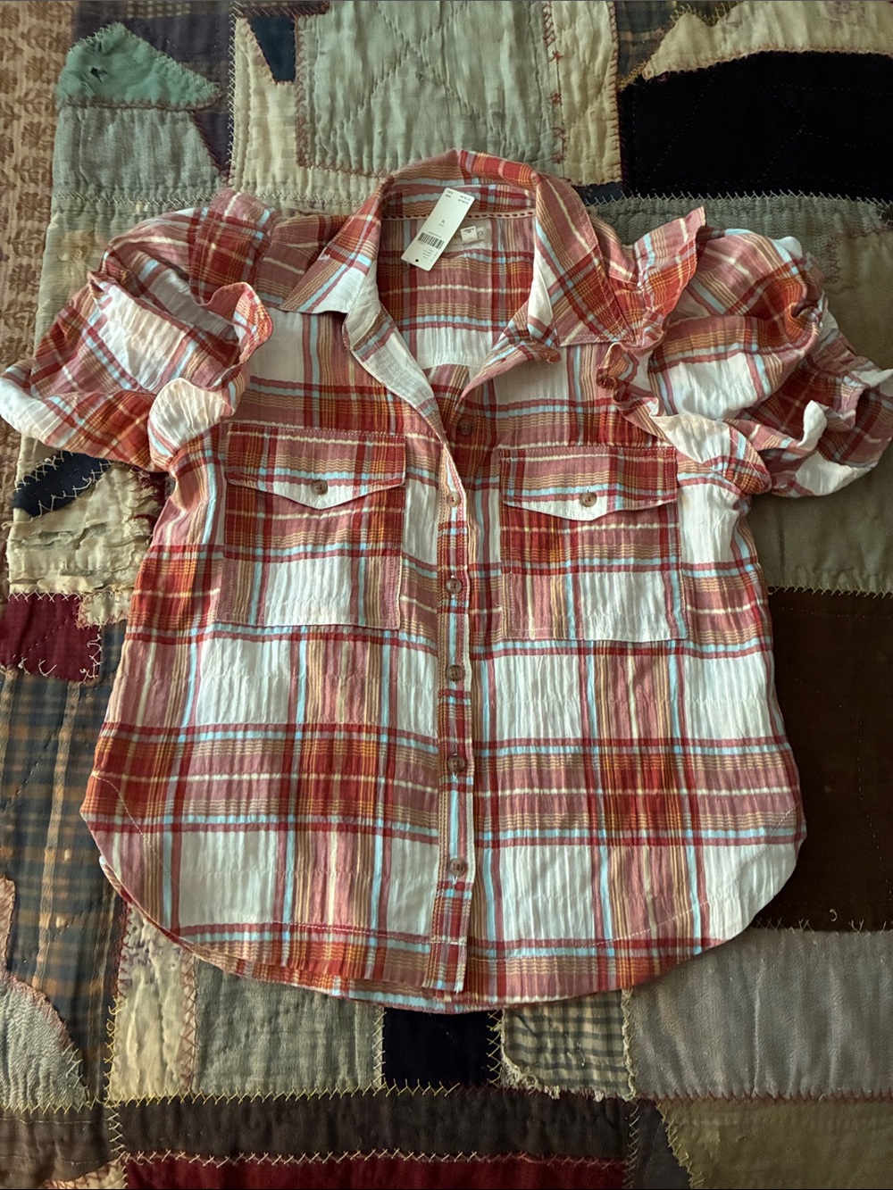 Anthropologie Pink & White Plaid Puff-Sleeve Button-Up Blouse